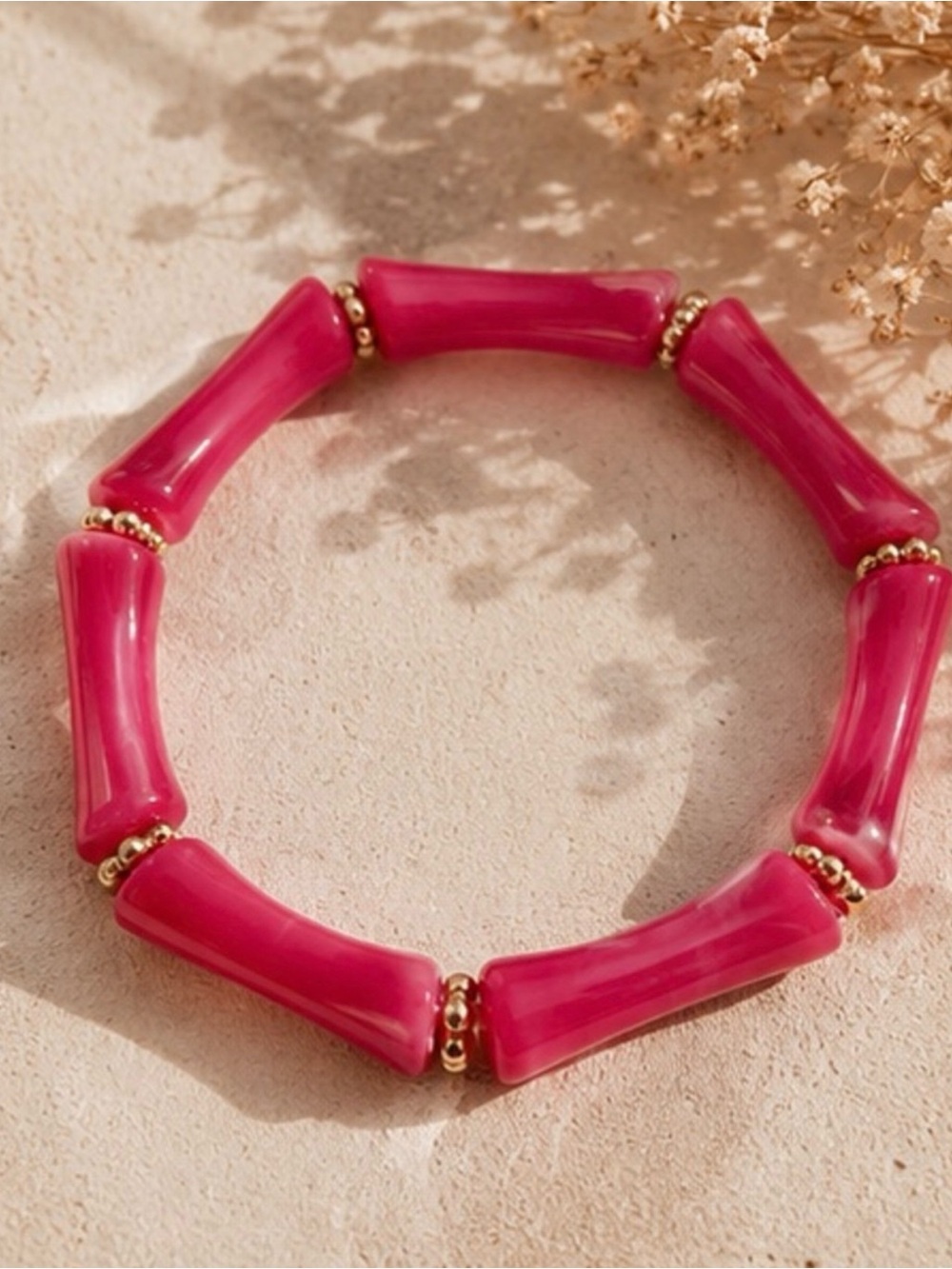 Rose Red Bead Stretch Bracelet with Gold Accents